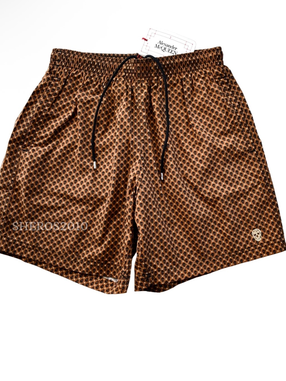Alexander McQueen skull Brown Patterned Swim Trunks with Black Drawstring